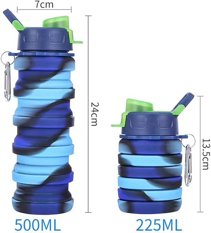 Collapsible Water Bottles 2 Pack 500ml (Blue Camo+Pink Camo) | Expandable Portable Sport Bottles with Carabiner for Travel & Camping - Image 2