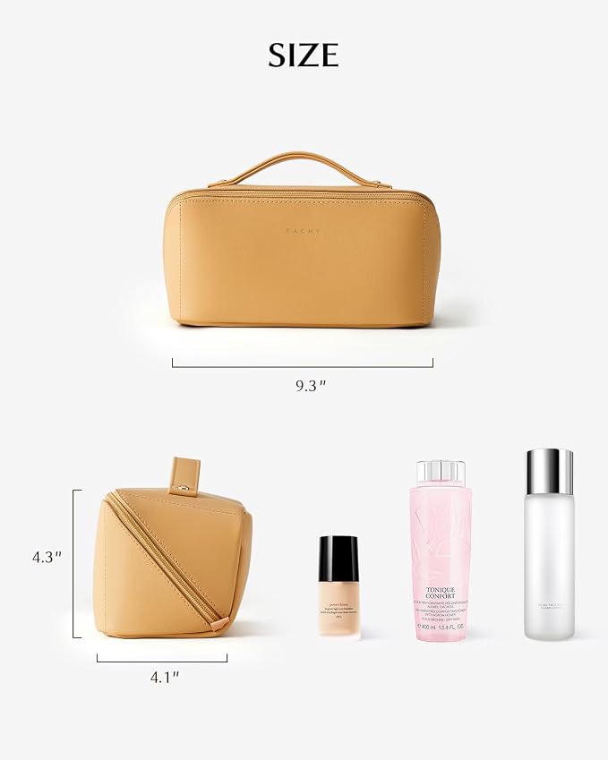 EACHY Travel Makeup Bag for Women, Flat Open Cosmetic Bag, Yellow, Medium | PU leather organizer with flat-open access, storage pockets and clear TPU brush compartment for daily makeup and toiletries - Image 4