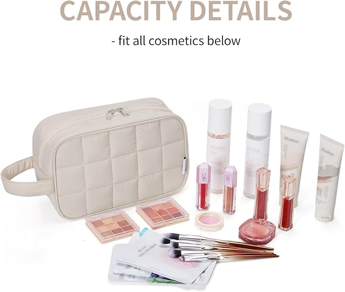 Narwey Quilted Makeup Bag Puffy Make up Bag Cosmetic Bag Organizer, Puffer Travel Toiletry Bag for Traveling Women Girl, Travel Bag for Toiletries, Skincare Medicine Bags (Beige) - Image 3