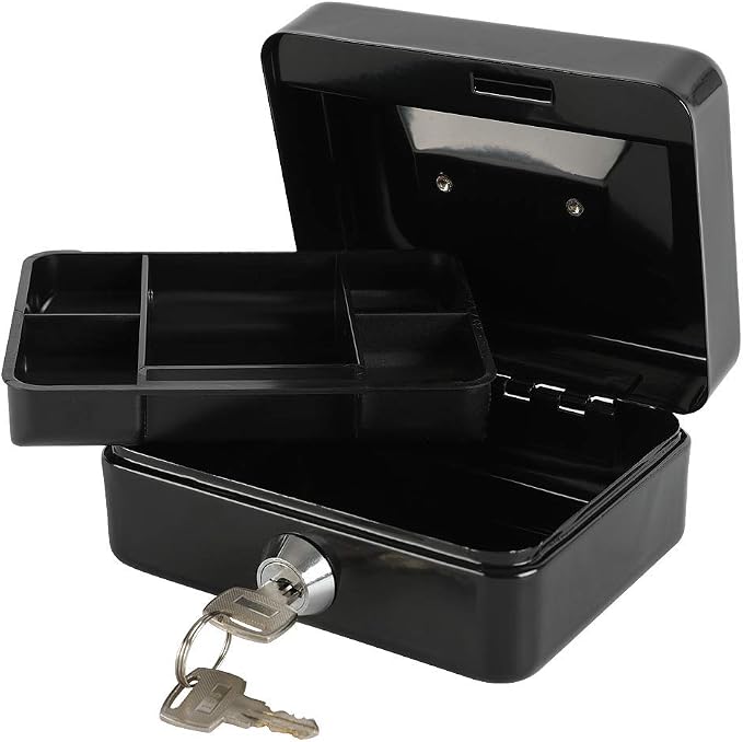 xydled Mini Cash Box with Lock, Removable Coin Tray, Steel Money Box, Black | Steel Cash Box with Key Lock, Removable Tray & Carry Handle, for Office, Retail, Home, and Money Storage, 4.9" x 3.7" x 2.4" - Image 5