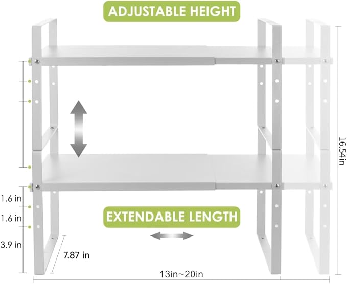 Across-Star Expandable Cabinet Shelf Organizer Rack, Stackable Kitchen Counter Storage Shelves Stand, Adjustable Height Pantry Shelf Spice Rack (White, 2 Pack) - Image 3