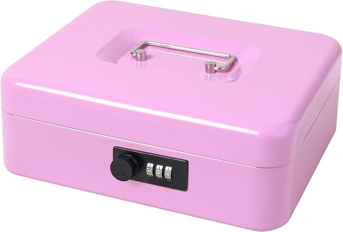 Jssmst Large Cash Box with Combination Lock - Durable Metal Cash Box with Money Tray, Light Purple (9.84 x 7.87 x 3.46) by Jssmst