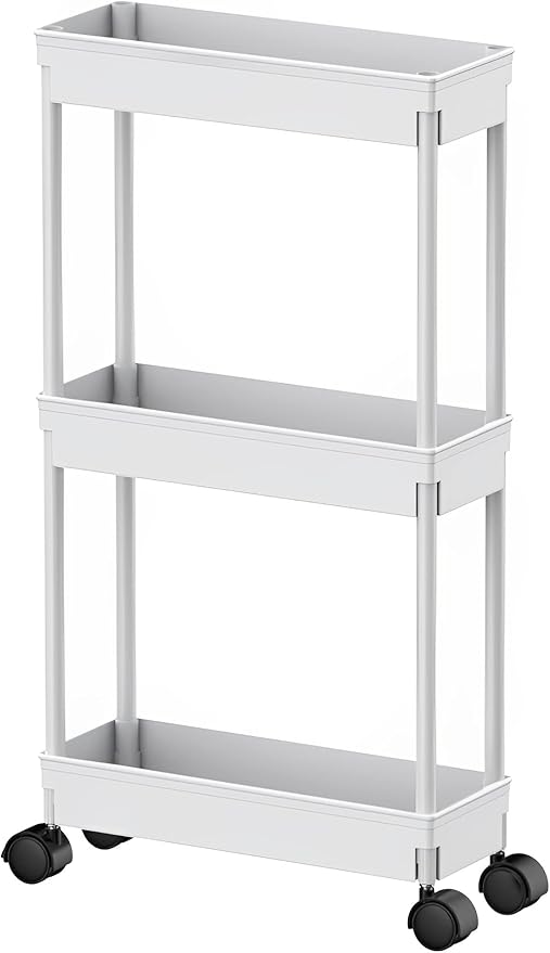 Sooyee Slim 3 Tier Rolling Cart with Wheels, Storage Cart,White | Under Desk Narrow Rolling Utility Cart Storage Organizer for Office Bathroom Kitchen Laundry Room Narrow Places by Sooyee