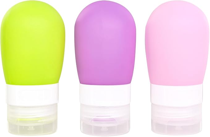 Mziart Travel Bottles for Toiletries, TSA Approved 2oz Silicone Travel Size Containers, 3 Pack Leak-Proof Squeezable Refillable Shampoo and Conditioner Bottles (Pink, Purple, Green) by Mziart