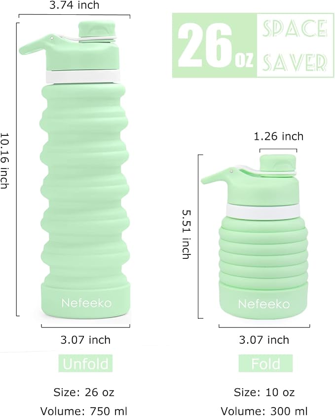 Nefeeko Collapsible Water Bottle, 26oz Silicone Foldable Water Bottles | Leakproof BPA Free Travel Water Bottles with Carabiner,Portable Sport Water Bottles for Camping,Hiking Outdoor Indoor Sport - Image 2