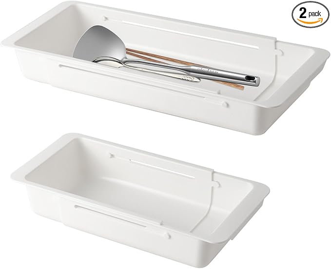 SnowTing 2 PCS Deep Drawer Organizer, 2 Sizes Expandable & Adjustable White Plastic Organizer, Sliding Drawer Storage Bins for Kitchen Utensils, Office Supplies, Cosmetics, Tools by SnowTing