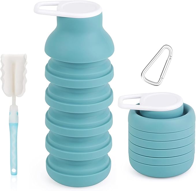 Collapsible Silicone Water Bottle – Foldable Travel Water Bottle Leakproof, BPA Free, Portable & Space-Saving – Perfect for Gym, Hiking,Travel(carabiner and cleaning brush),Light green by BMLFOH