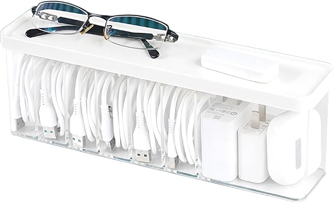 Charger Cable Cord Storage Organizer Box - Easy Storage Without Cable Ties | with Lid,Dust-Proof,Space Saving,6 Standard Space and 1 Larger Space,for Home Office Desk Accessories Supplies by Nkocvew
