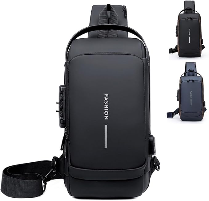Travel Sling Bag Waterproof Crossbody Bag with Combination Lock Anti-Theft PU Leather Chest Bag with USB Charging Hole Shoulder Backpack Motorcycle Bags Black by Unknown