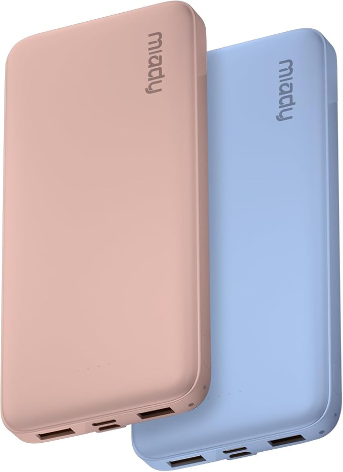 Miady 2-Pack Portable Charger, Slim 10000mAh Power Bank Travel Battery Pack | Dual USB丨3 Outputs 2 Inputs丨for Backpack Travel Camping丨Slim丨Compatible with iPhone Android etc丨Flight-Safe丨37Wh丨Blue+Pink by Miady