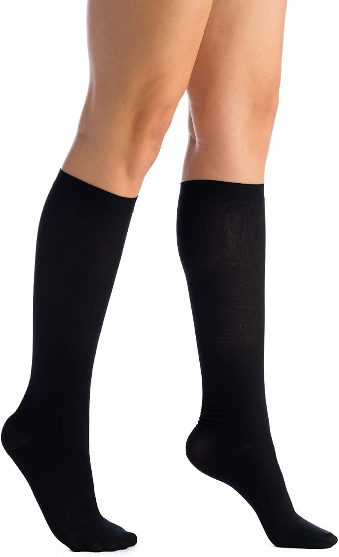 Women's Microfiber Opaque Knee High Compression Socks 8-15 mmHg | Non-binding stay-up band with reinforced heel and toe for mild support during travel, office work, standing and daily wear. - Image 2