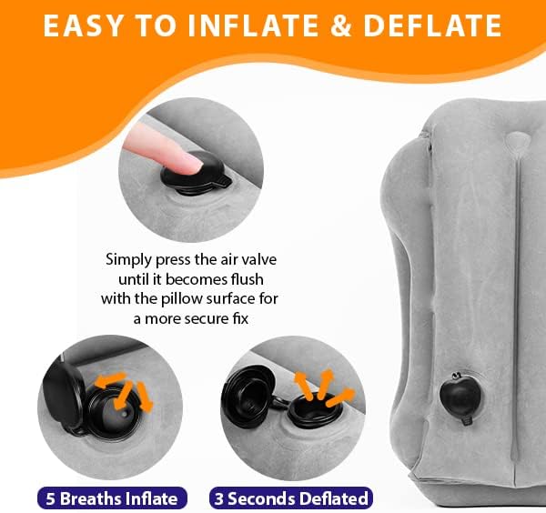 Inflatable Travel Pillow - Airplane Pillow for Neck Support on Long Flights, Buses, Cars, Office & Trains - Comes with Eye Mask, Earplugs & Portable Drawstring Bag - Grey - Image 4