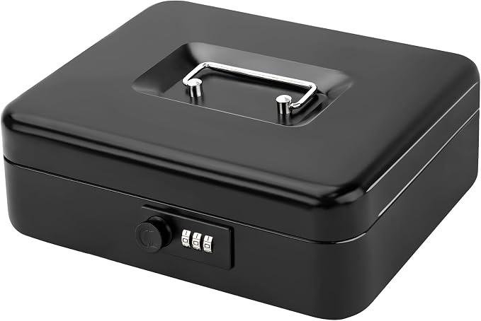 Jssmst Large Cash Box with Combination Lock – Durable Metal Cash Box with Money Tray Black(9.8 x 7.9 x 3.5), SM-CB07001L by Jssmst