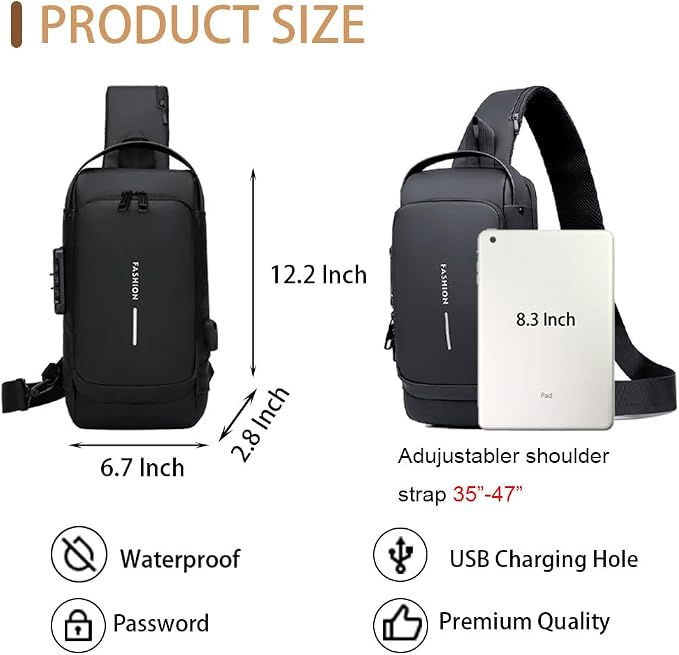 Travel Sling Bag Waterproof Crossbody Bag with Combination Lock Anti-Theft PU Leather Chest Bag with USB Charging Hole Shoulder Backpack Motorcycle Bags Black - Image 2