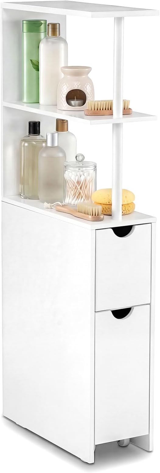 GIANTEX Slim Storage Cabinet, Narrow Freestanding Bathroom Organizer with Open Shelves, Pull-Out Drawer and Slide-Out Cart, Space-Saving Wooden Floor Cabinet for Entryway, Living Room and Kitchen by Giantex
