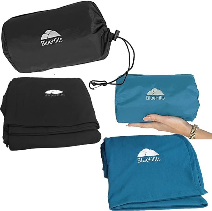 BlueHills Premium Soft Ultra Compact Travel Blanket Value Pack Set of 2 - Airplane Traveling Essentials Flight Blanket Throw in a Portable Bag Car Plane Travel Gift Black and Peacock T by BlueHills