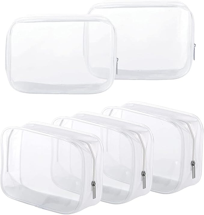 5 Pack Clear Plastic Zippered Toiletry Carry Pouch White Large | TSA Approved, Portable Cosmetic Makeup Bag, For Vacation, Bathroom and Organizing by Homtable