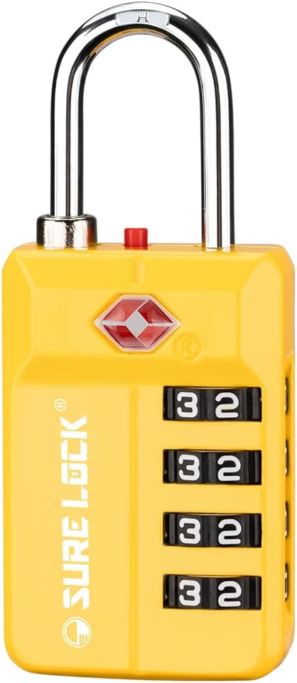 SURE LOCK TSA Approved 4-Digit Resettable Combination Luggage Lock with Open Alert, Easy-Read Dials - for Luggage, School Lockers, Gym, Office, Toolbox & Security Cases(Yellow 1PACK) by Hopeyoucanstaysafe