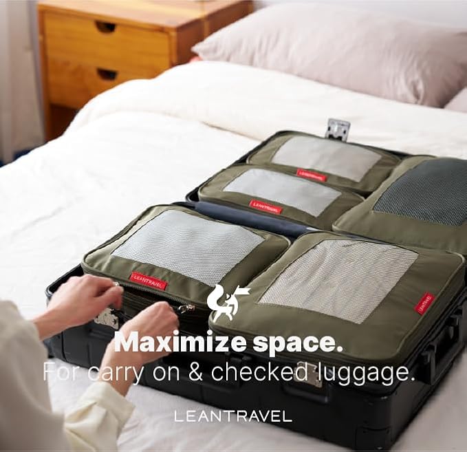 LeanTravel Premium Compression Packing Cubes for Travel - Suitcase Organizer Bags with Double Zipper & Breathable Mesh Panel - Space Saving Carry On Luggage Essentials (6-Pack, Olive Green) - Image 5