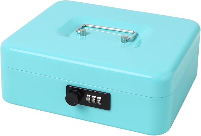 Jssmst Large Cash Box with Combination Lock - Durable Metal Cash Box with Money Tray, light blue (9.84 x 7.87 x 3.46) by Jssmst