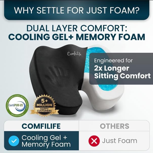 ComfiLife Extra Large Gel & Memory Foam Seat Cushion - Doctor Recommended Office Chair, Car Seat, Lifting Cushion - Back & Sciatica Pain Relief - Wide Seat Cushion for Big & Tall (Black) - Image 5