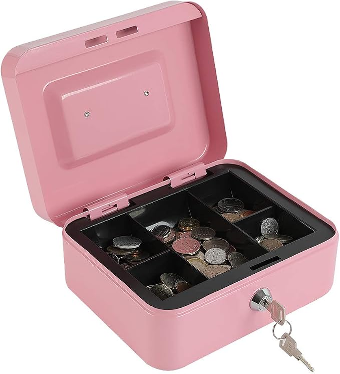 xydled Locking Steel Medium Cash Box with Removable Coin Tray and Key Lock,7.87"x 6.30"x 3.54",Pink - Image 2