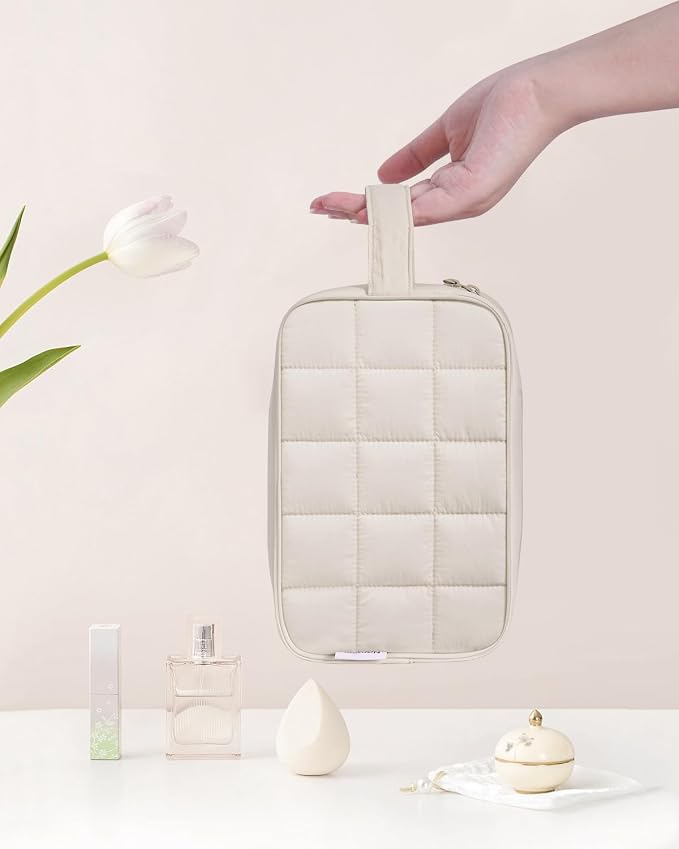 Narwey Quilted Makeup Bag Puffy Make up Bag Cosmetic Bag Organizer, Puffer Travel Toiletry Bag for Traveling Women Girl, Travel Bag for Toiletries, Skincare Medicine Bags (Beige) - Image 6