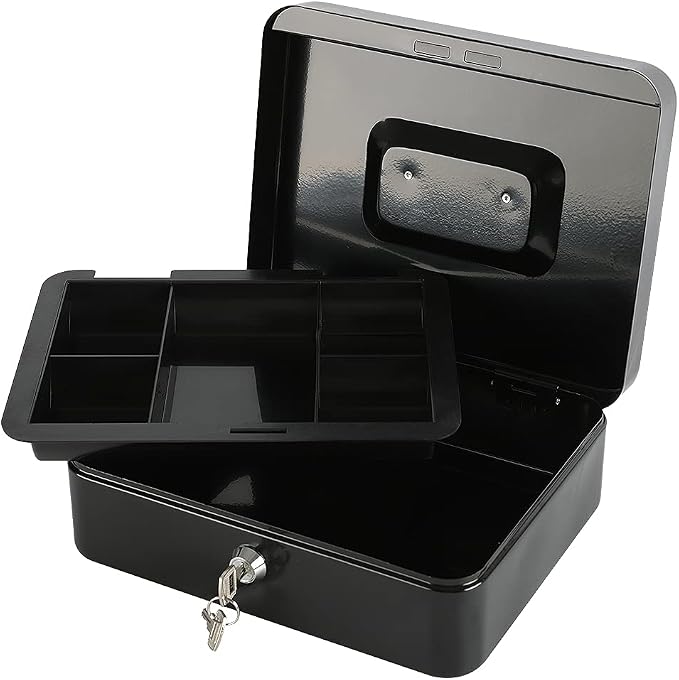 xydled Medium Cash Box with Lock, Removable Coin Tray, Steel Money Box, Black - Image 5