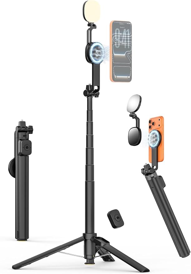 69" Magnetic Tripod for iPhone with Magnetic Light (MPT-04) | Selfie Stick with Magnetic Selfie Light & Remote, Extendable Tripod, Vlogging Kit for Magsafe iPhone/Android Video Recording by USKEYVISION