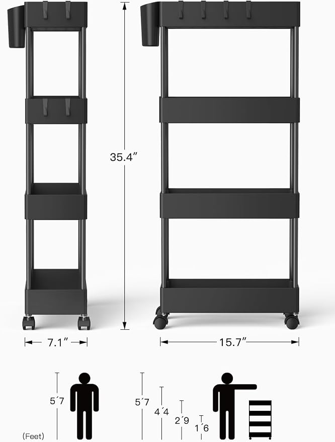 Pipishell 4 Tier Slim Storage Cart with Wheels, Laundry Cart, Black | 7.1 inch Wide - Fits Narrow Spaces, Storage Cup and 6 Hooks, Ventilation Holes, Durable ABS Material, Detachable Wheels - Image 9