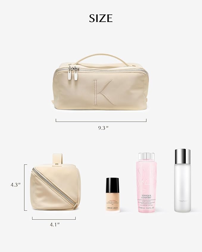 EACHY Travel Makeup Bag for Women, Personalized Initial K Cosmetic Bag | Personalized flat-open organizer with inner pockets, clear TPU brush pocket and reinforced handle for makeup and travel - Image 7