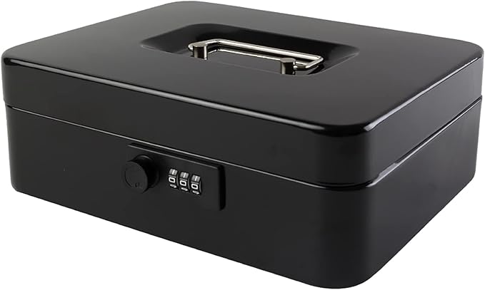 KYODOLED Large Cash Box with Combination Lock Safe Metal Money Box with Money Tray for Security Lock Box 9.84"x 7.87"x 3.54" Black by KYODOLED