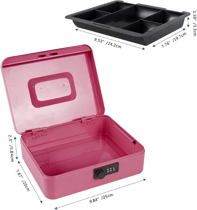 Kyodoled Large Cash Box with Combination Lock,Safe Metal Money Box with Money Tray for Security Lock Box 9.84"x 7.87"x 3.54" Pink Large - Image 3
