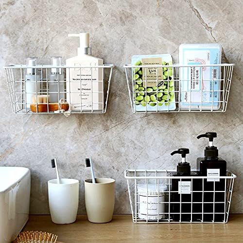 LeleCAT Hanging Kitchen Baskets For Storage Adhesive Sturdy Small Wire Storage Baskets No Drilling Wall Mounted Kitchen Food Pantry Bathroom Shelf Storage, 4 PACK,White - Image 9