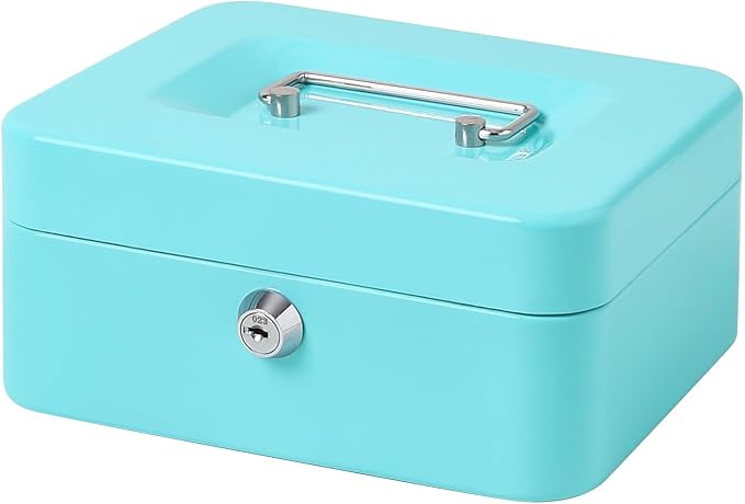 Jssmst Cash Box with Key Lock - Durable Metal Cash Box with Money Tray, Light Blue, Medium by Jssmst