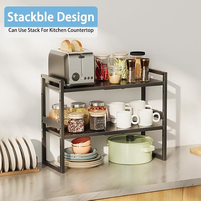2 Pack Expandable Kitchen Cabinet Shelves Organizer,Heavy Duty Metal Shelving Units and Storage,Stackable Adjustable Kitchen Storage Organization Shelves Rack for Counter Cupboard Pantry,Length:20.5" - Image 4