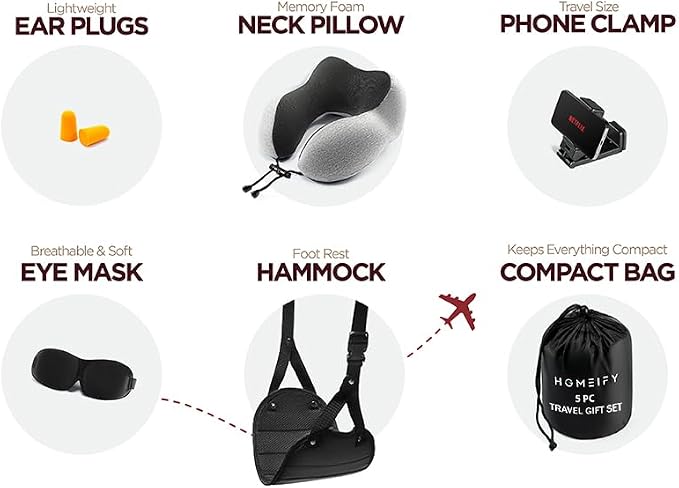 Homeify Airplane Travel Kit – Adjustable Memory Foam Airplane Neck Pillow with Phone Holder, Eye Mask, Foot Hammock, and Earplugs – 6 Piece Plane Travel Essentials for Long Flights - Image 2