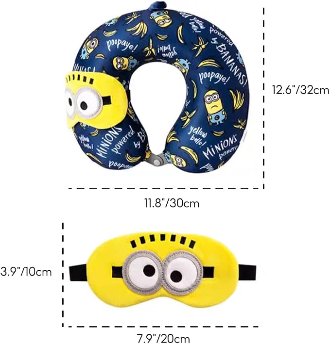 MINISO Minions Travel Neck Pillow with Eye Mask, Cute Cartoon 100% Memory Foam Neck Support Pillow, Lightweight Travelling Pillow Set for Airplane, Car and Home Use - Image 2
