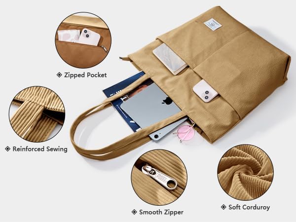 KALIDI Women Corduroy Tote Bag Zipper Casual Tote's Handbag Big Capacity Shoulder Bag with Pockets - Image 4