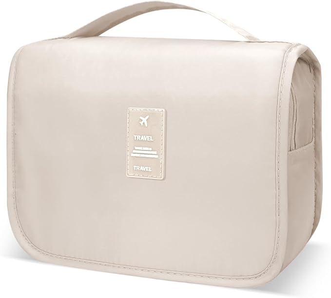 Lcsmaokin Large Capacity Toiletry Bag Travel Bag with Hanging Hook for Men and Women Waterproof Travel Cosmetic Bag Bathroom Storage Bag for Brushes Set, Full-Sized Shampoo,Accessories(Beige) by Lcsmaokin
