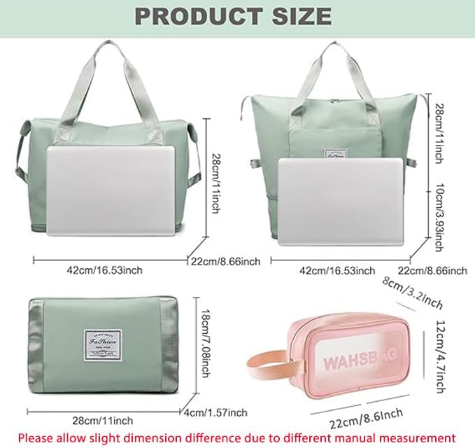 Large Capacity Travel Bag, Foldable Travel Bag, Expandable Duffel Bag, Collapsible Waterproof Large Capacity Handbag, Overnight Bags for Women and Man(Light Green+Toiletry Bag) - Image 3