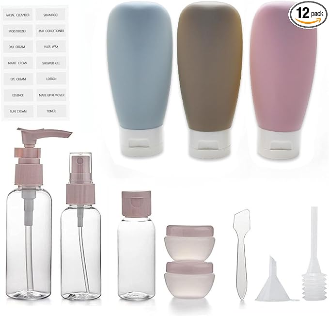 12 Pack Travel Bottles Set for Toiletries TSA Approved Travel Size Containers for Toiletries with Labels BPA Free Leakproof Squeezable Refillable Airplane Travel Accessories for Shampoo Conditioner by ZLSSETEC-EnjoyYourLife