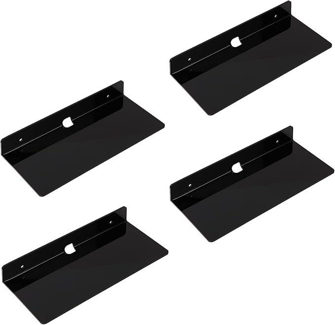 4 PCS Small Acrylic Floating Wall Shelves,9 Inch Adhesive Display Shelf for Nintendo Switch/Smart Speaker/Security Cameras/Action Figures,No Damage Expand Wall Space,Black by IEEK