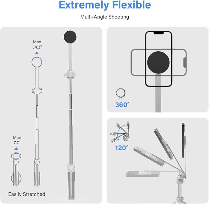 35" Magnetic Selfie Stick Phone Tripod, Extendable Phone Tripod with Cold Shoe and Remote,Compatible with iPhone/Android/Sport Camera Perfect for Video Recording/Selfies/Insta360 x5（White） - Image 3
