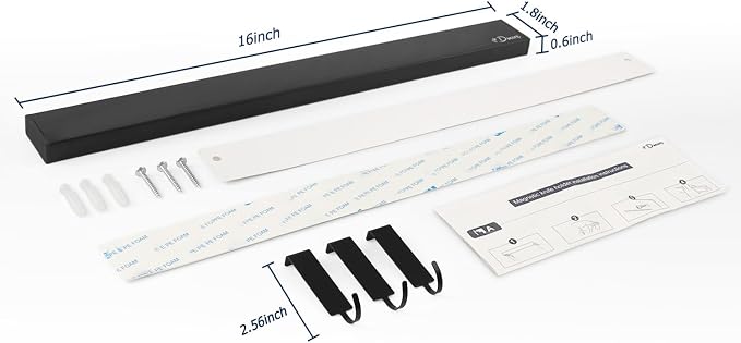 Dmore magnetic knife holder for wall—with 3 hooks, No Drilling, 16 Inch | Black knife magnetic strip, Powerful knife magnet rack, include Adhesive Tape and screws for Knives, Utensils, and Tools - Image 9