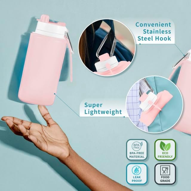 Collapsible Water Bottles 26oz with Spout & Carabiner, Odorless BPA-Free Silicone, Leak-Proof Foldable Reusable Bottle - Perfect for Travel Sports Gym Hiking Camping Cycling - Quartz Pink - Image 4