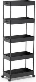 SPACEKEEPER 5 Tier Storage Rolling Cart, Bathroom Cart with Wheels, Black | Mobile Storage Cart for Laundry Room Organization,Kitchen,Office,Bathroom, Utility Cart for Snack,Craft,Art,Makeup,Nail,Toys by SPACEKEEPER