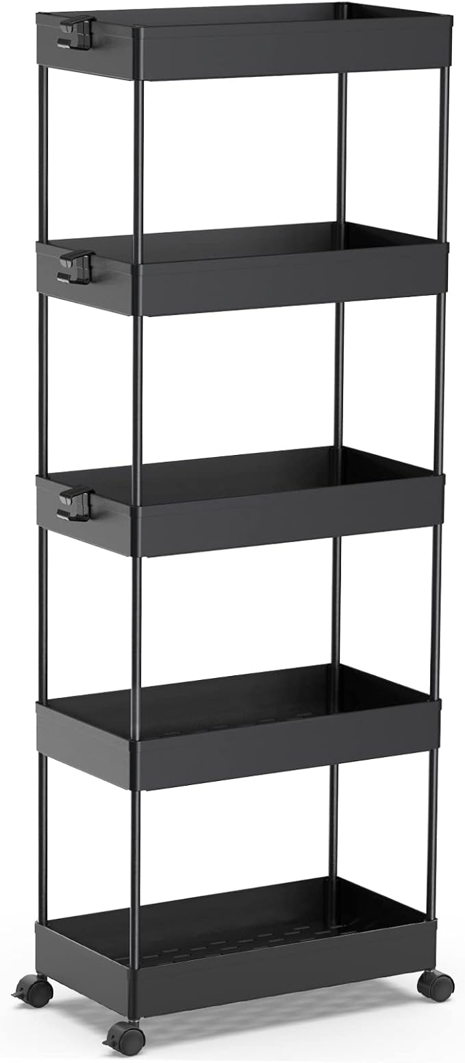SPACEKEEPER 5 Tier Storage Rolling Cart, Bathroom Cart with Wheels, Black | Mobile Storage Cart for Laundry Room Organization,Kitchen,Office,Bathroom, Utility Cart for Snack,Craft,Art,Makeup,Nail,Toys by SPACEKEEPER