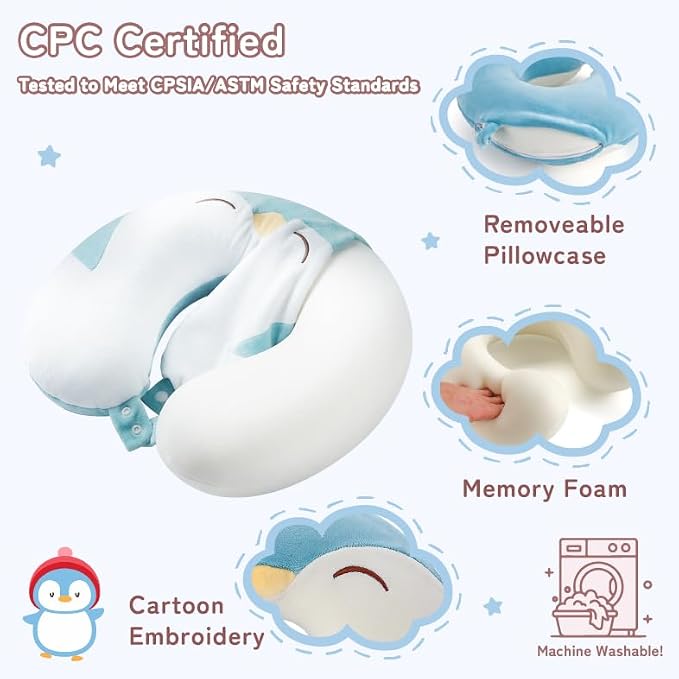 Kids Travel Neck Pillow for Ages 3-8, Memory Foam, Removable Cover, Penguin | Machine washable, 13 in neck size, hidden zipper, 360-degree head and chin support, car seat and airplane use - Image 2