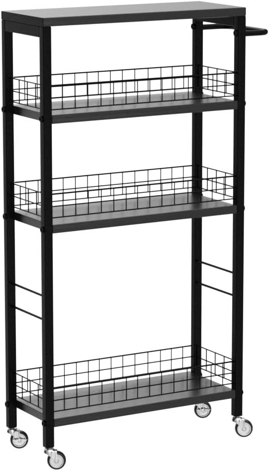 YBING Slim Storage Cart Kitchen Rolling Utility Cart on Wheels 4 Tier Mobile Narrow Cart with Wood and Metal Handle Slide Out Storage Shelving Unit Cart for Kitchen Living Room Small Places Black - Image 4